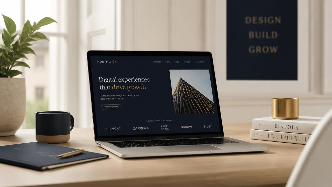 Frontier Agency workspace with a laptop showing a professional website design